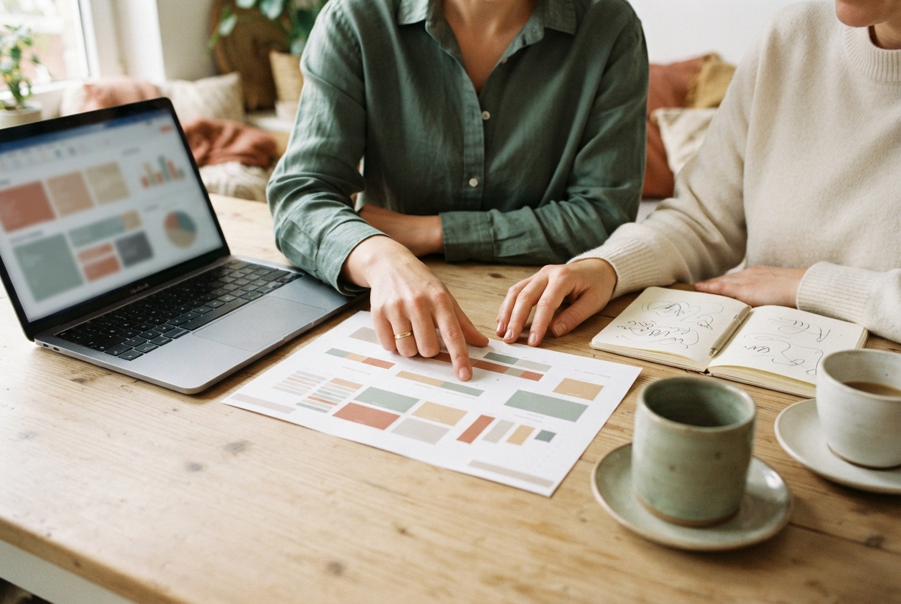 Two people review a colorful chart sheet beside a laptop, notebook, and coffee cups at a wooden table.